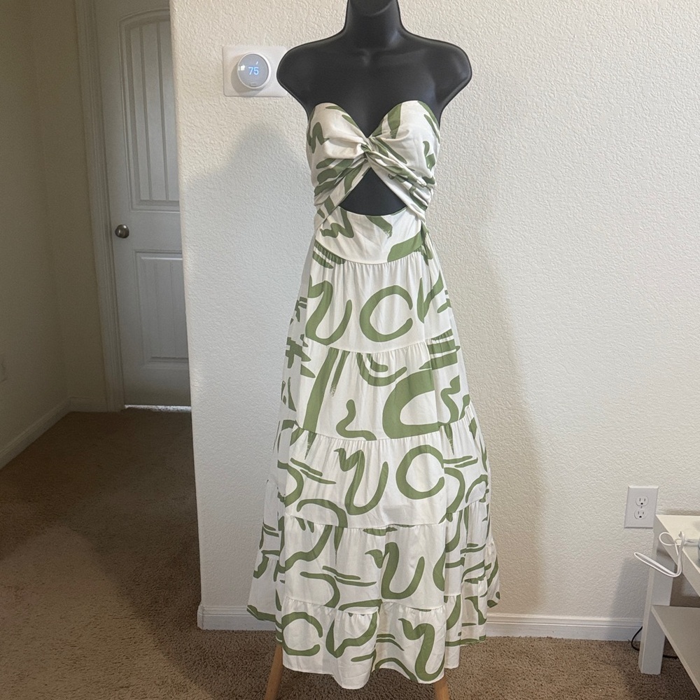 Strapless Twist Front Maxi Dress in Olive & White